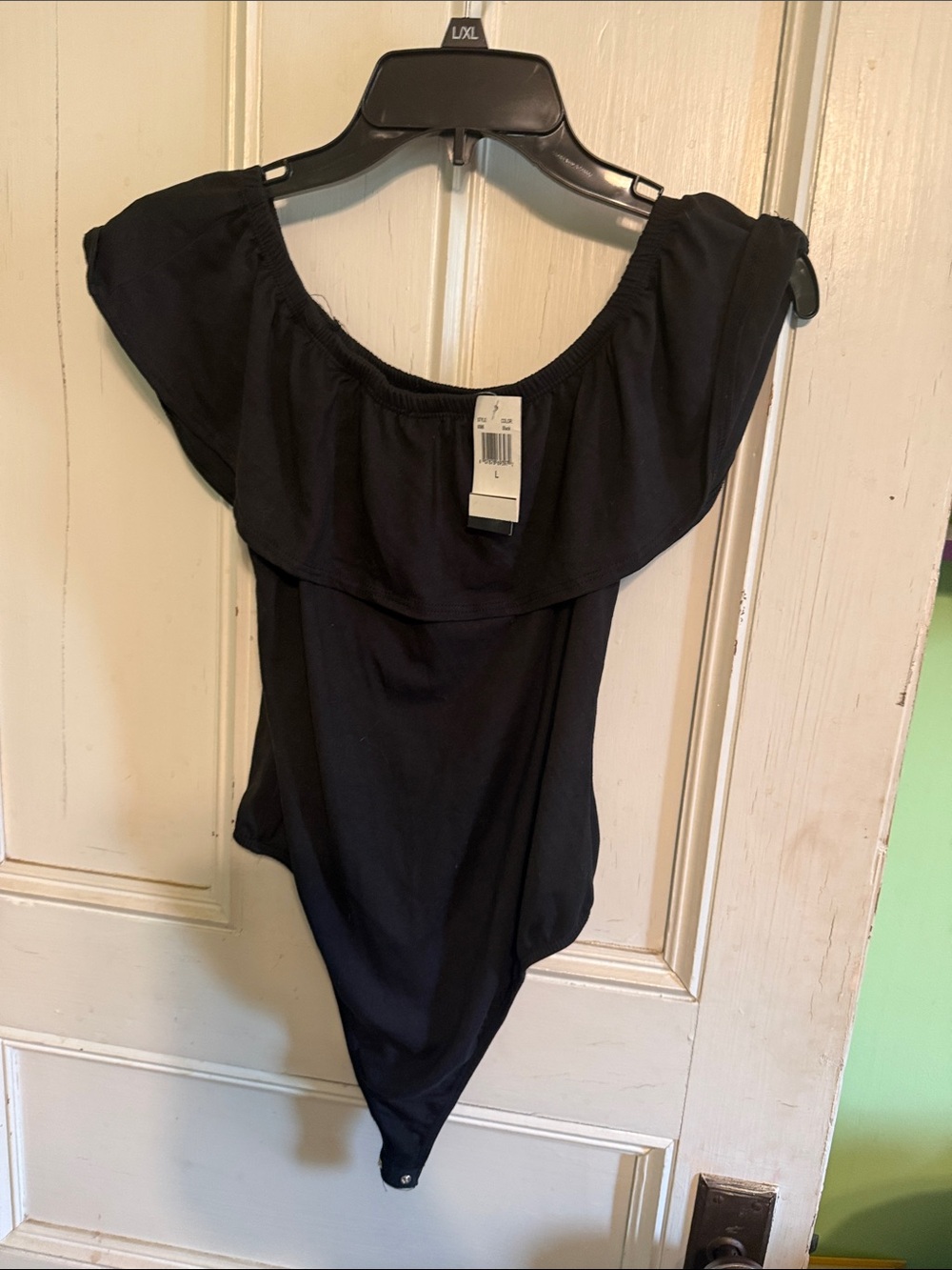 Discreet Black Off-Shoulder Kids Bodysuit with Ruffle